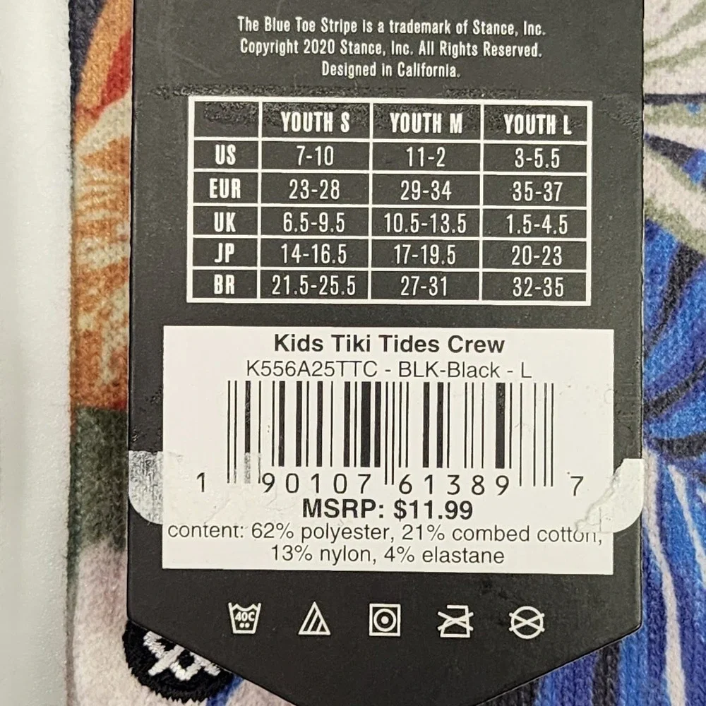 Stance Kids Casual‎ Crew Socks Tiger Floral Print Mid Cushion Youth M Pack of 3